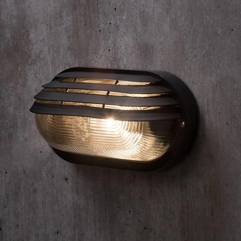 Black & Ribbed Glass Outdoor Modern Oval Eyelid Bulkhead Wall Light 26cm - Image 4