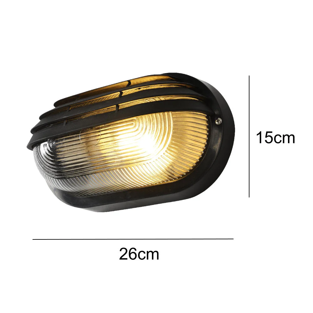 Black & Ribbed Glass Outdoor Modern Oval Eyelid Bulkhead Wall Light 26cm - Image 5