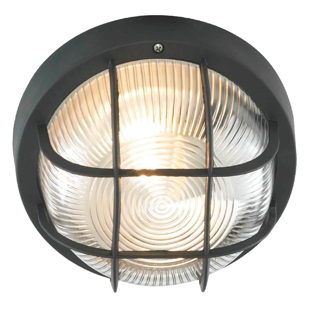 Black & Ribbed Glass Outdoor Modern Round Bulkhead Wall Light 18cm - Image 3