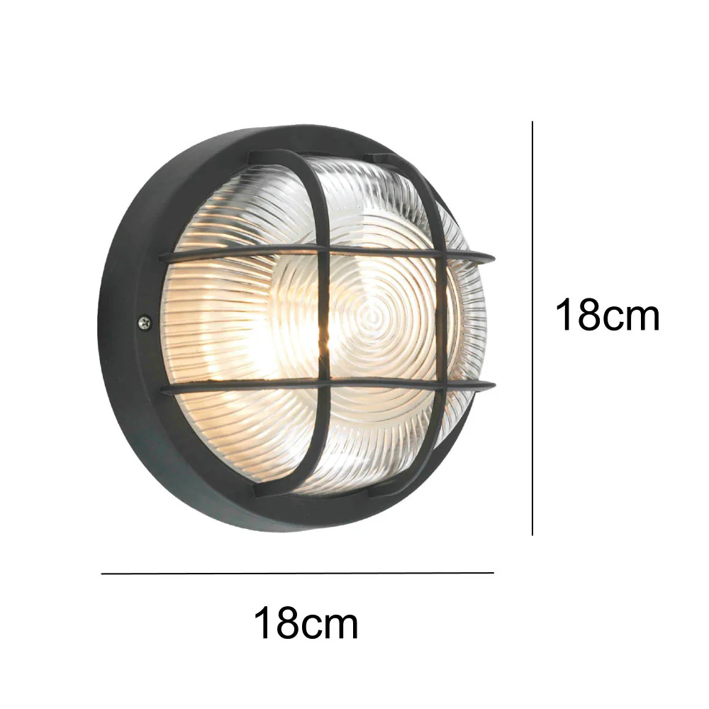 Black & Ribbed Glass Outdoor Modern Round Bulkhead Wall Light 18cm - Image 4