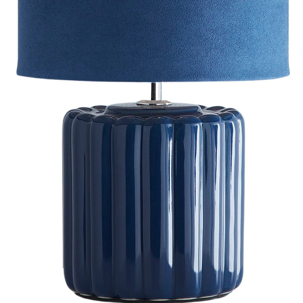 Blue Ribbed Ceramic Vintage Table Lamp with Velvet Drum Shade 33cm - Image 2