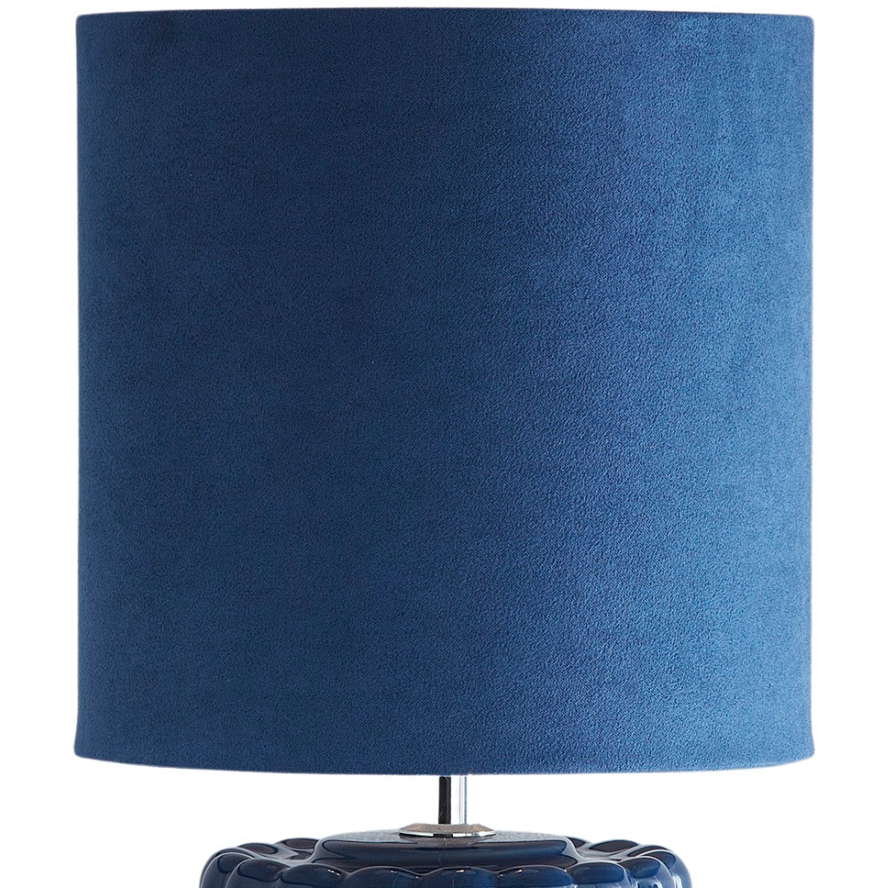 Blue Ribbed Ceramic Vintage Table Lamp with Velvet Drum Shade 33cm - Image 3