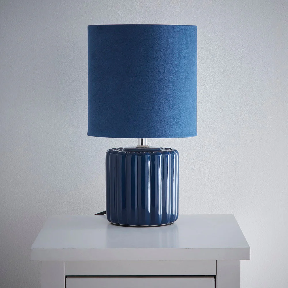 Blue Ribbed Ceramic Vintage Table Lamp with Velvet Drum Shade 33cm - Image 4
