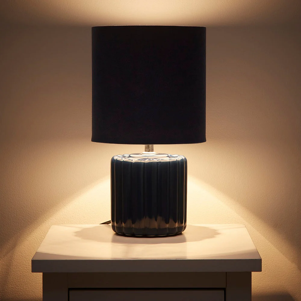 Blue Ribbed Ceramic Vintage Table Lamp with Velvet Drum Shade 33cm - Image 5