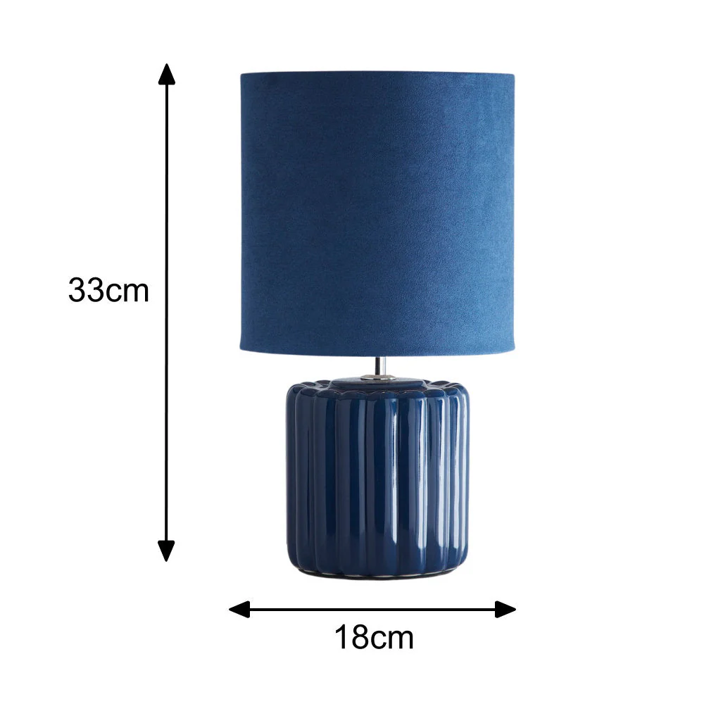 Blue Ribbed Ceramic Vintage Table Lamp with Velvet Drum Shade 33cm - Image 6