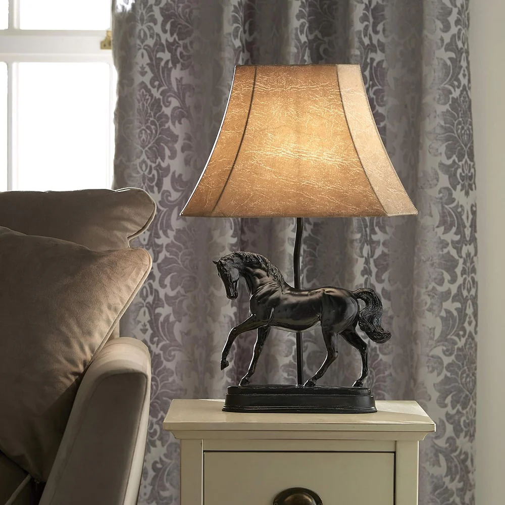 Antique Black Horse Table Lamp with Natural Faux Tapered Shade 60cm - Image 2