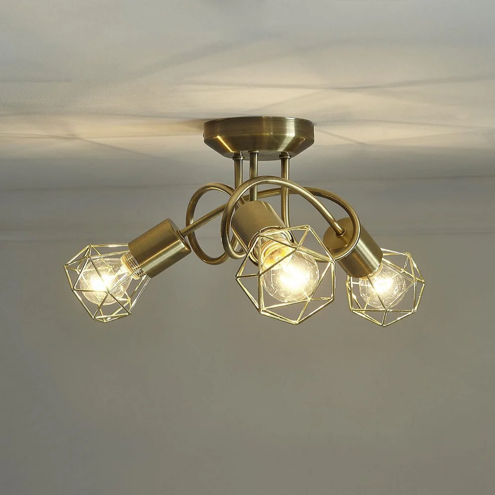 Antique Brass Swirl Vintage Cage 3 Lamp Semi Flush Ceiling Light 36cm - Image 3
