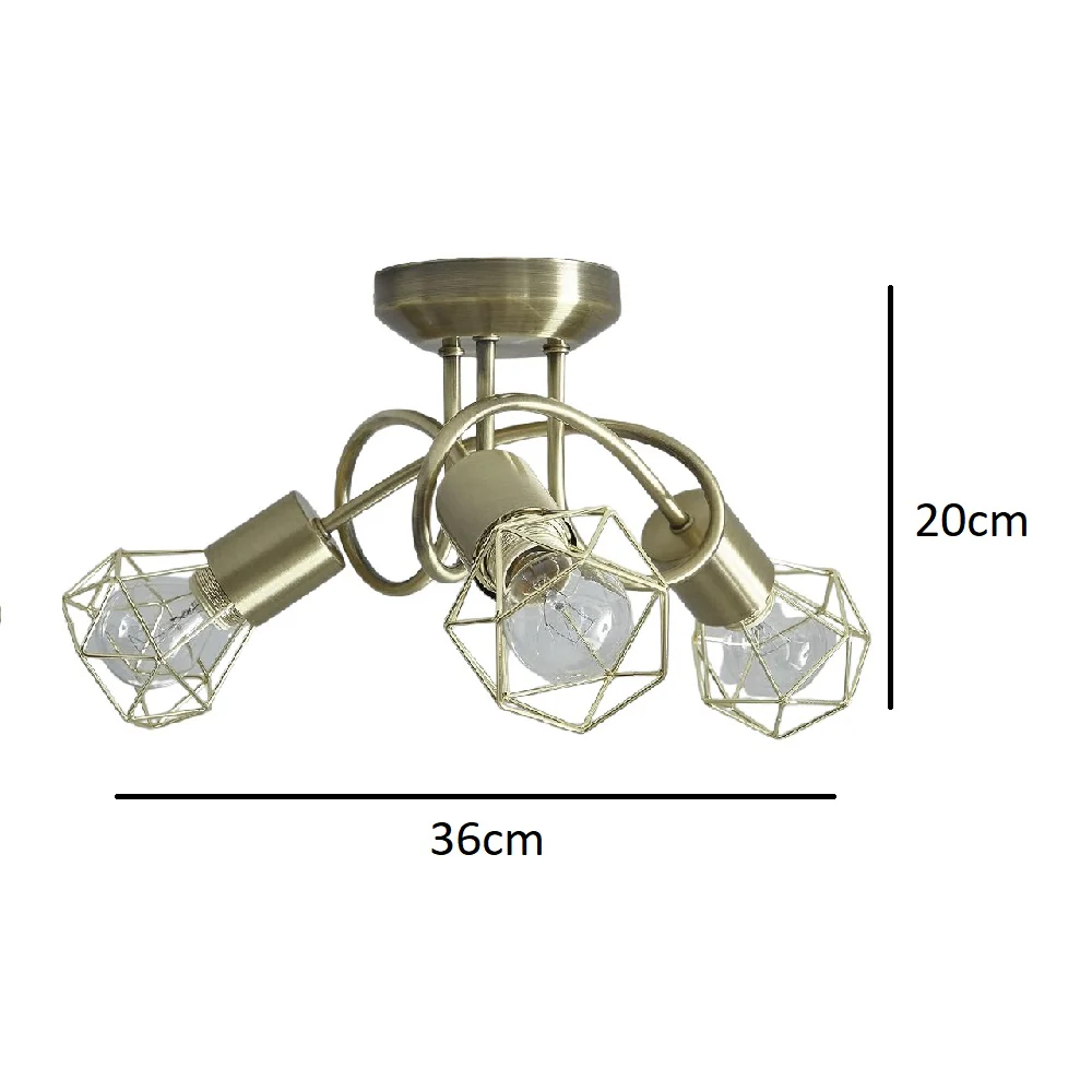 Antique Brass Swirl Vintage Cage 3 Lamp Semi Flush Ceiling Light 36cm - Image 4