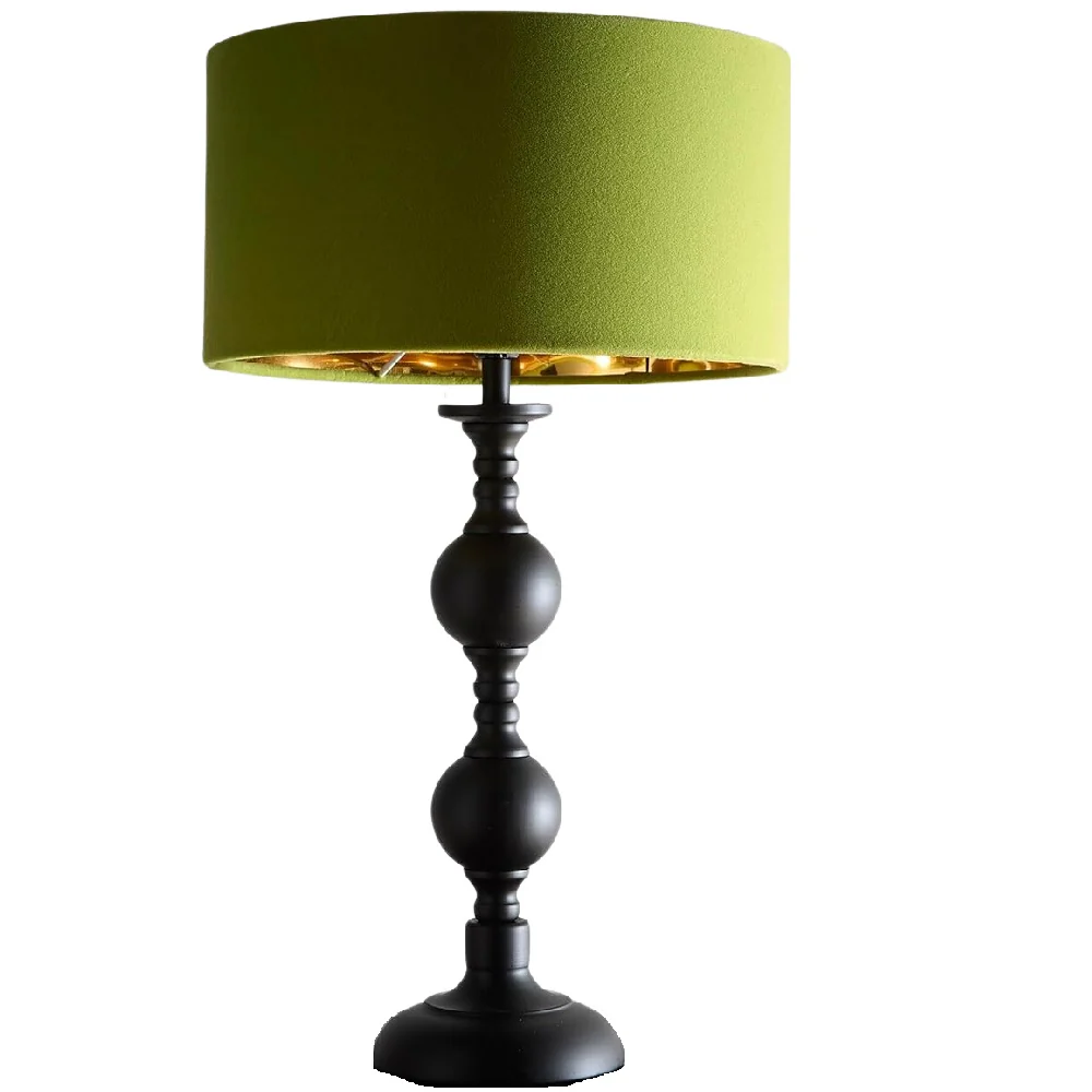 Black Metal Modern Candlestick Table Lamp with Green Velvet Drum Shade with Gold Inner 46cm