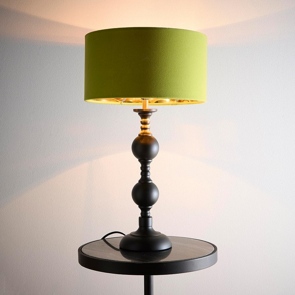 Black Metal Modern Candlestick Table Lamp with Green Velvet Drum Shade with Gold Inner 46cm - Image 2