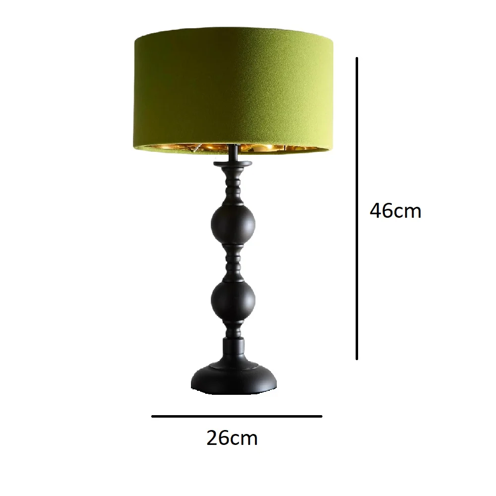 Black Metal Modern Candlestick Table Lamp with Green Velvet Drum Shade with Gold Inner 46cm - Image 3