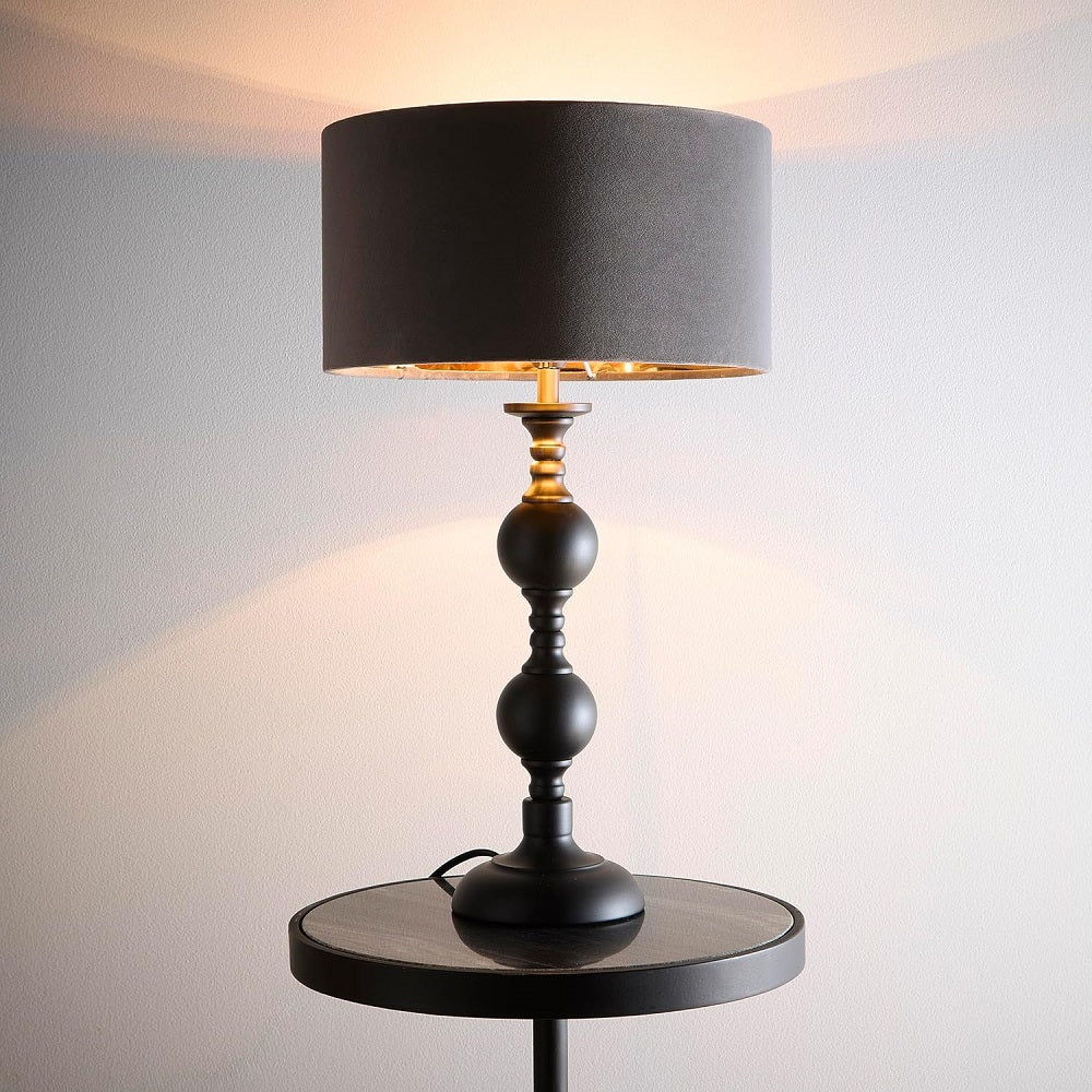 Black Metal Modern Candlestick Table Lamp with Grey Velvet Drum Shade with Gold Inner 46cm - Image 2