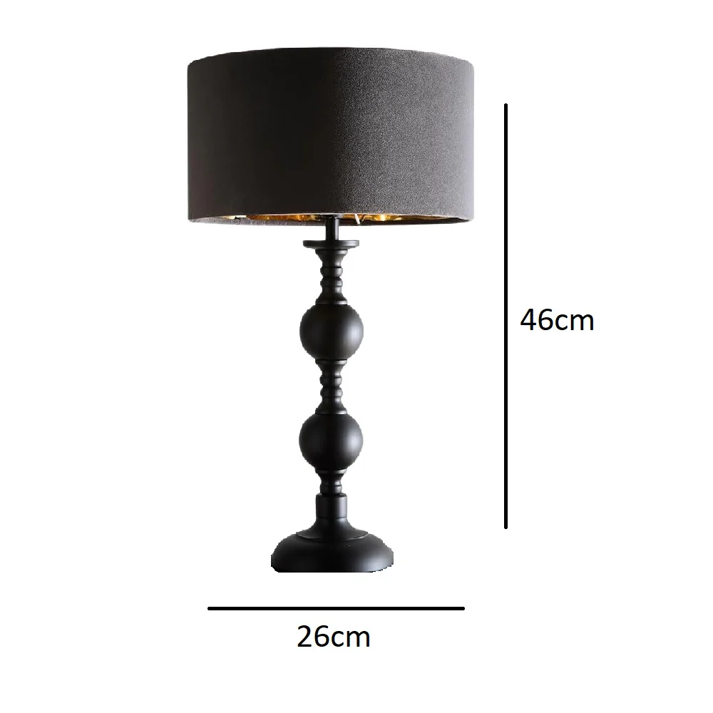 Black Metal Modern Candlestick Table Lamp with Grey Velvet Drum Shade with Gold Inner 46cm - Image 3
