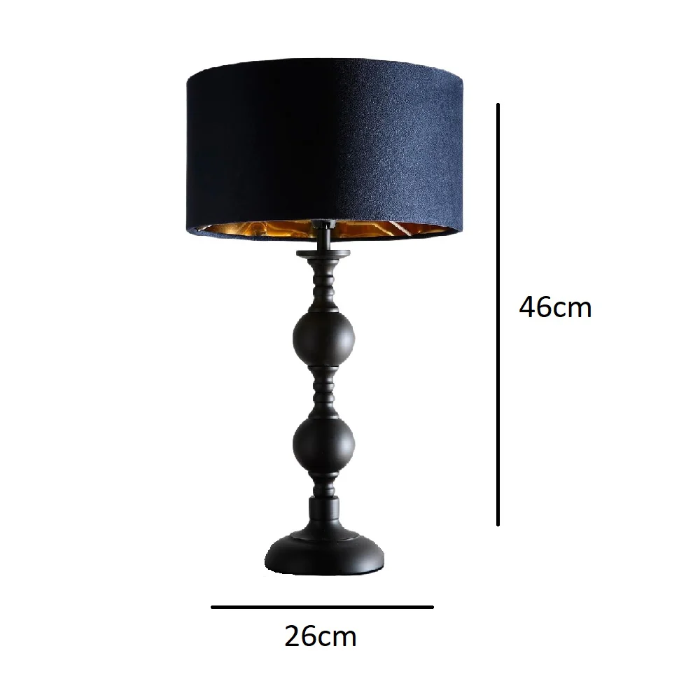 Black Metal Modern Candlestick Table Lamp with Navy Blue Velvet Drum Shade with Gold Inner 46cm - Image 3