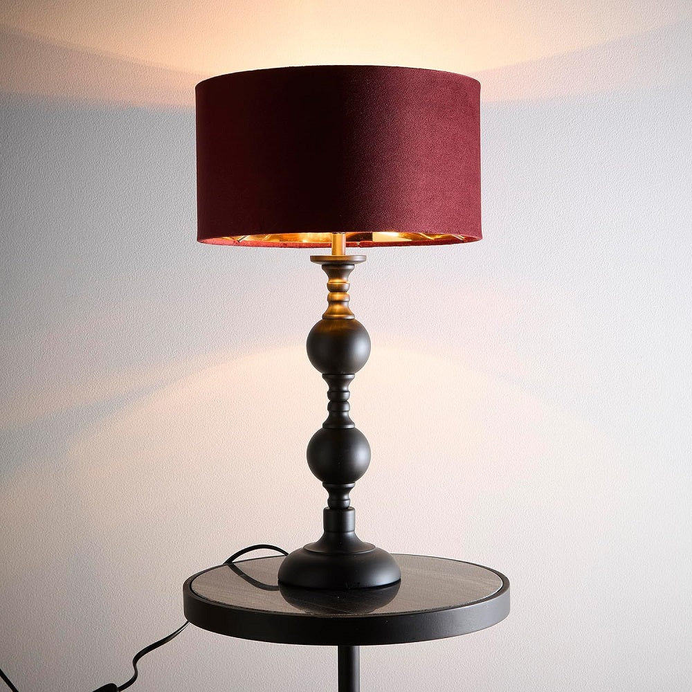Black Metal Modern Candlestick Table Lamp with Red Wine Velvet Drum Shade with Gold Inner 46cm - Image 2