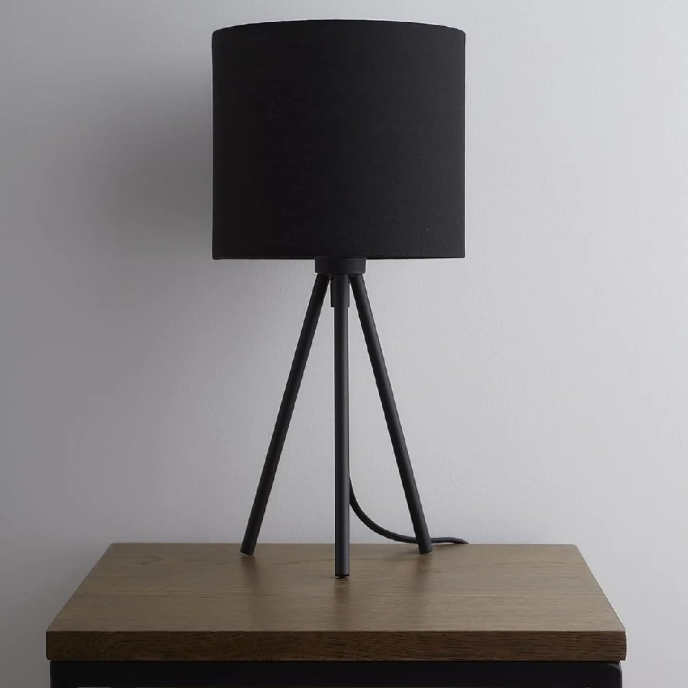 Black Metal Modern Tripod Desk Lamp with Black Cotton Drum Shade 350mm - Image 2