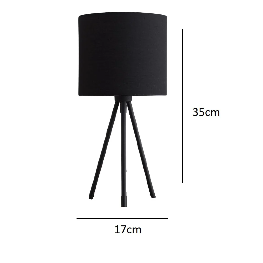 Black Metal Modern Tripod Desk Lamp with Black Cotton Drum Shade 350mm - Image 3