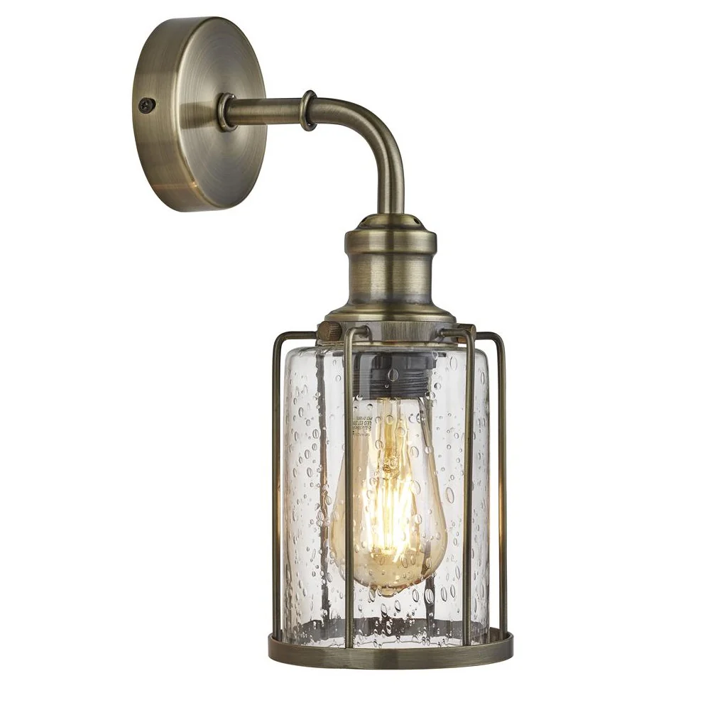 Antique Brass & Clear Seeded Glass Vintage Single Arm Wall Light 33cm