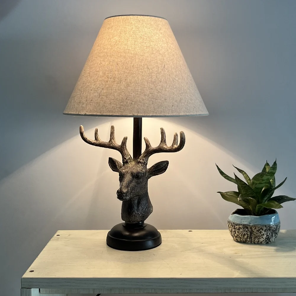 Britalia BR20694 Brown Rustic Stag Head Sculpture Vintage Table Lamp with Linen Shade 48cm - Image 3