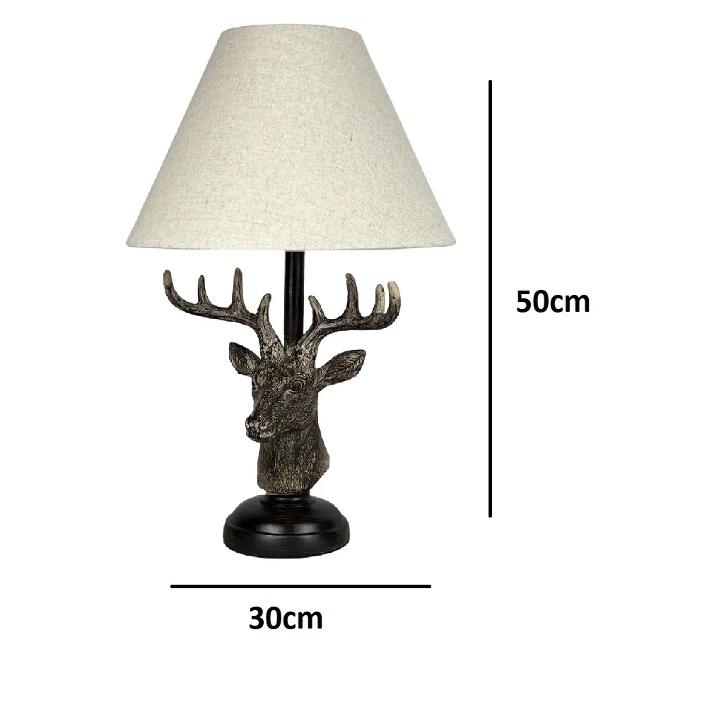 Britalia BR20694 Brown Rustic Stag Head Sculpture Vintage Table Lamp with Linen Shade 48cm - Image 4