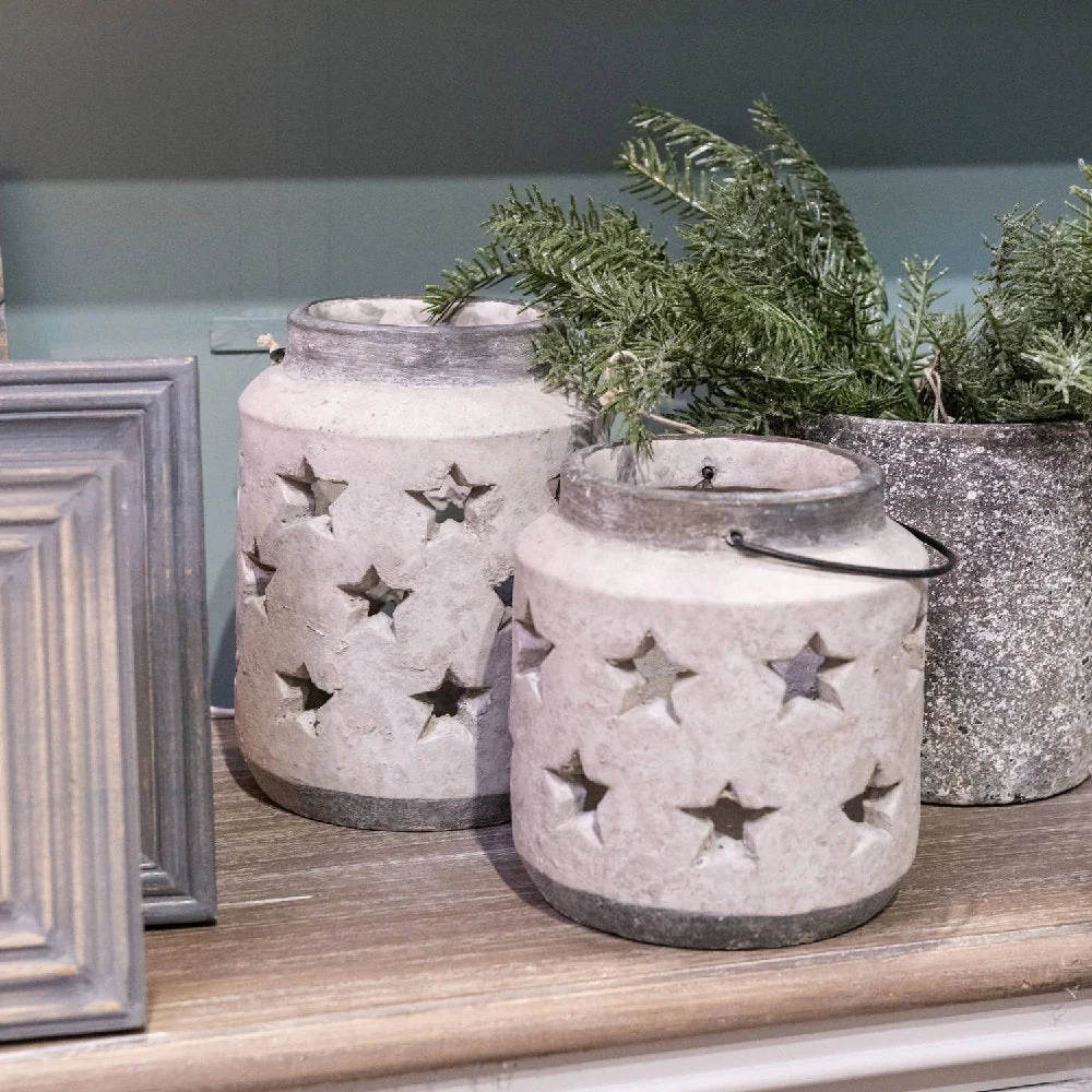 Britalia BR20729 Grey Stone Textured Ceramic Round Stars Cutout Lantern Candle Holder 19cm - Image 4