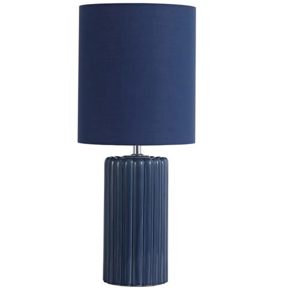 Navy Blue Ribbed Ceramic Vintage Table Lamp with Linen Drum Shade 51cm