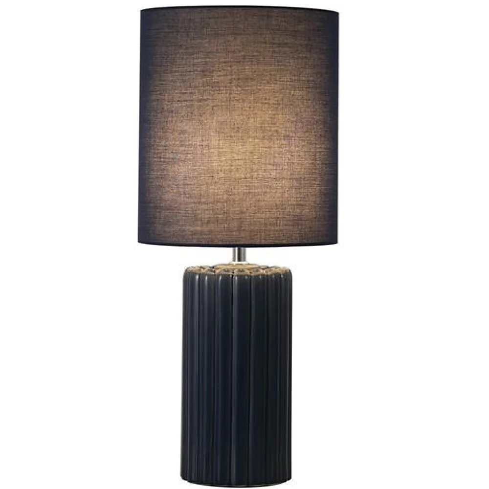 Navy Blue Ribbed Ceramic Vintage Table Lamp with Linen Drum Shade 51cm - Image 2