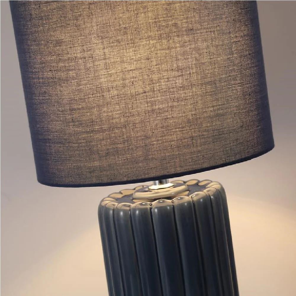 Navy Blue Ribbed Ceramic Vintage Table Lamp with Linen Drum Shade 51cm - Image 3
