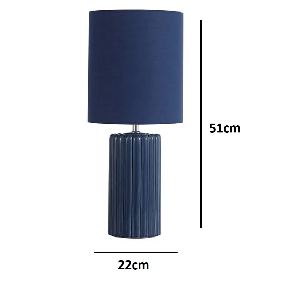 Navy Blue Ribbed Ceramic Vintage Table Lamp with Linen Drum Shade 51cm - Image 4