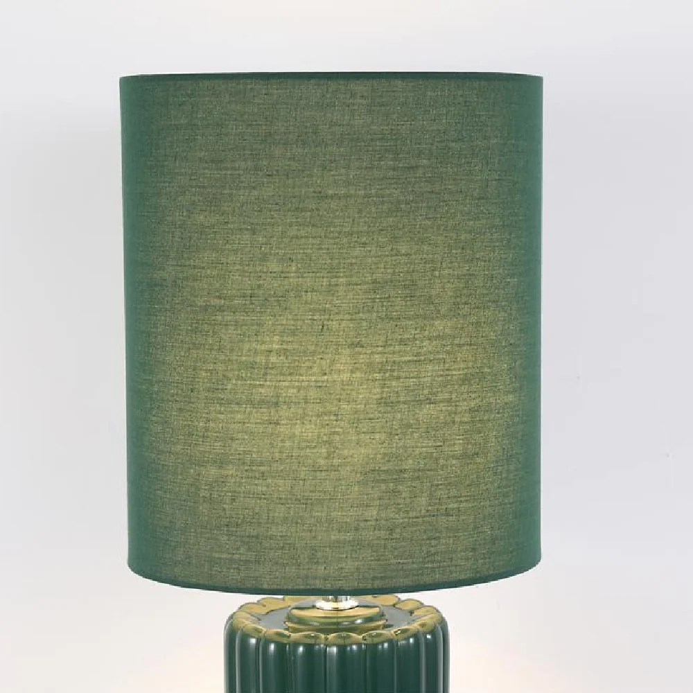 Forest Green Ribbed Ceramic Vintage Table Lamp with Linen Drum Shade 51cm - Image 3