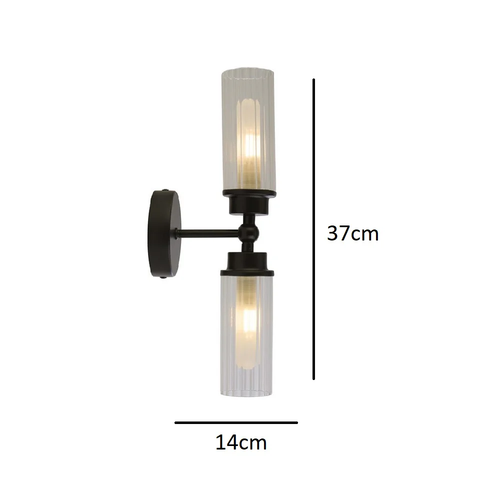 Matt Black & Ribbed Glass Bathroom Vintage 2 Lamp Wall Light IP44 - Image 4