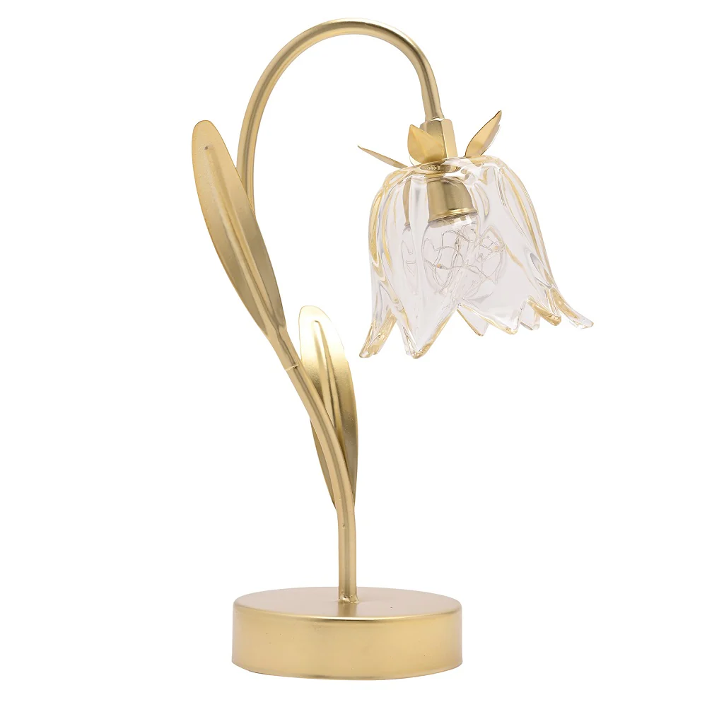 Gold and Clear Glass Flower Single Stem Battery Powered LED Table Lamp 29cm
