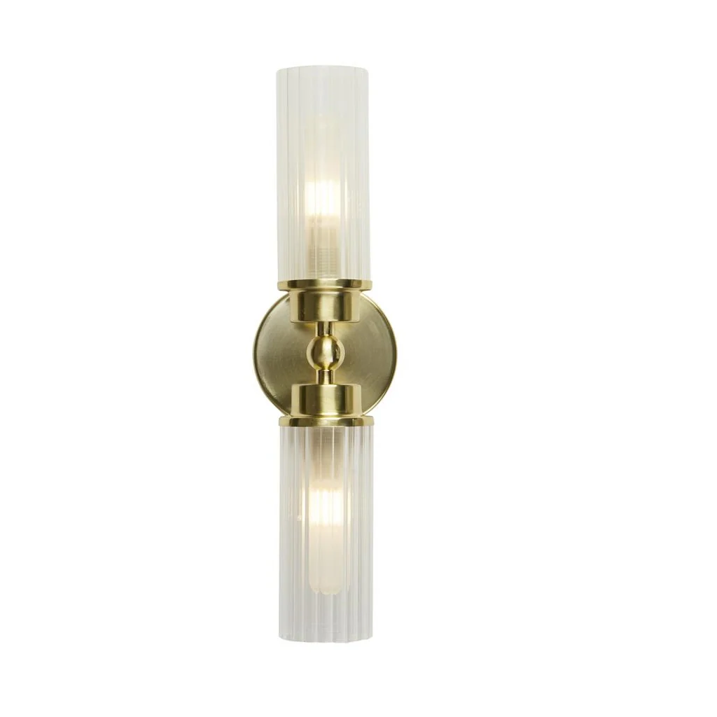 Satin Brass & Ribbed Glass Bathroom Vintage 2 Lamp Wall Light IP44