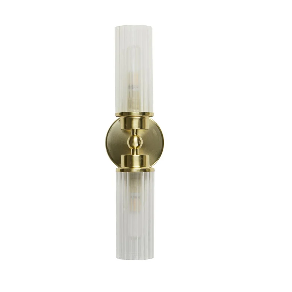 Satin Brass & Ribbed Glass Bathroom Vintage 2 Lamp Wall Light IP44 - Image 2