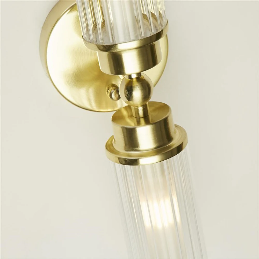 Satin Brass & Ribbed Glass Bathroom Vintage 2 Lamp Wall Light IP44 - Image 3