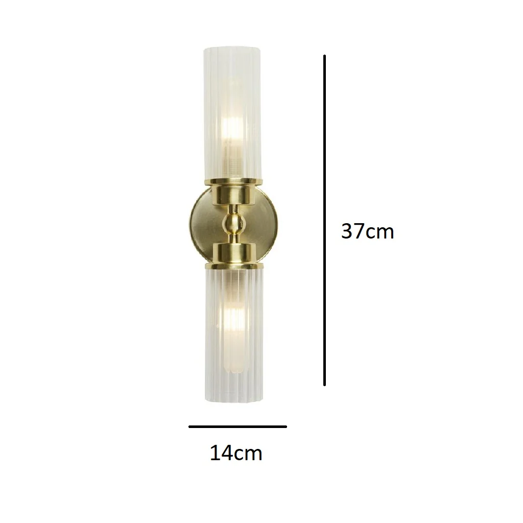 Satin Brass & Ribbed Glass Bathroom Vintage 2 Lamp Wall Light IP44 - Image 4