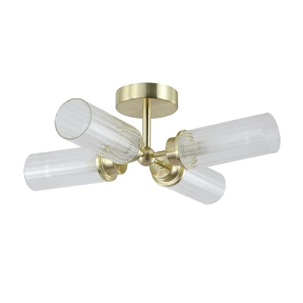 Satin Brass & Ribbed Glass Bathroom Vintage 4 Lamp Ceiling Light 390mm - Image 2