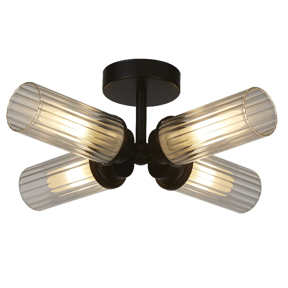 Matt Black & Ribbed Glass Bathroom Vintage 4 Lamp Ceiling Light IP44