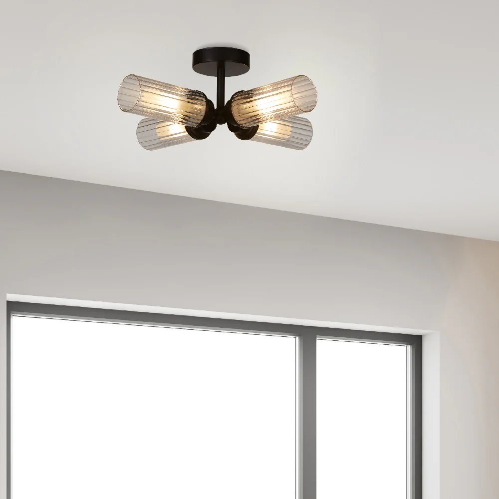 Matt Black & Ribbed Glass Bathroom Vintage 4 Lamp Ceiling Light IP44 - Image 4