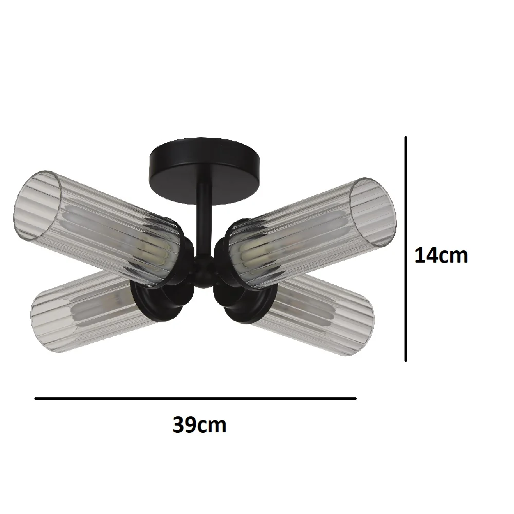 Matt Black & Ribbed Glass Bathroom Vintage 4 Lamp Ceiling Light IP44 - Image 5