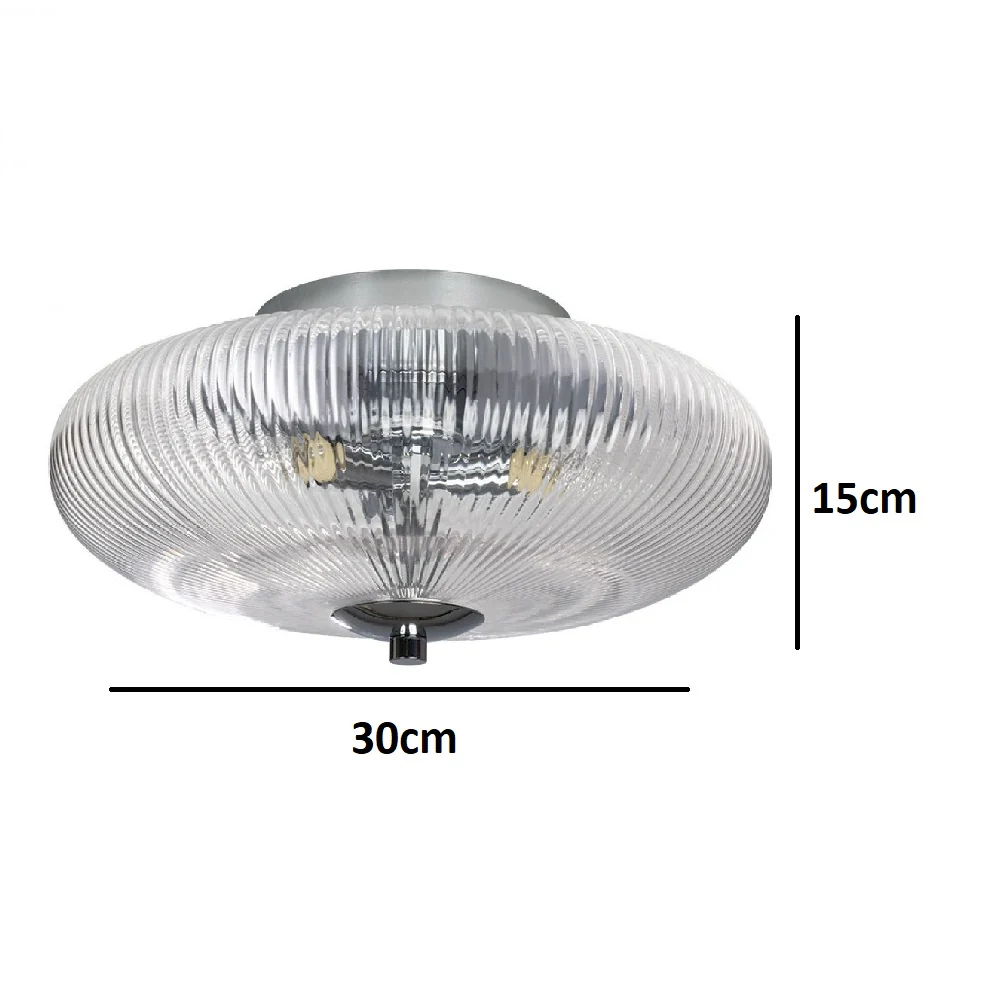 Polished Chrome Ribbed Glass Vintage Domed Flush Ceiling Light 30cm - Image 3