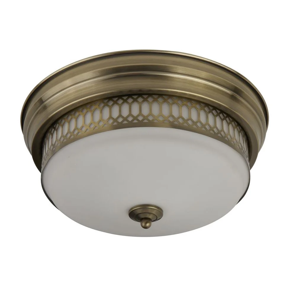 Antique Brass & Frosted Glass Vintage Flush Bathroom Ceiling Light with Geometric Lattice Trim IP44 - Image 2