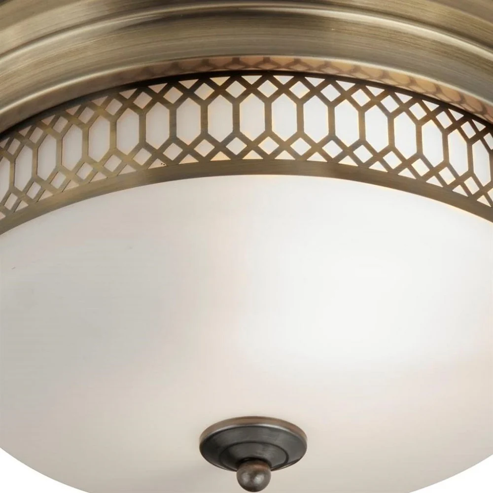 Antique Brass & Frosted Glass Vintage Flush Bathroom Ceiling Light with Geometric Lattice Trim IP44 - Image 3