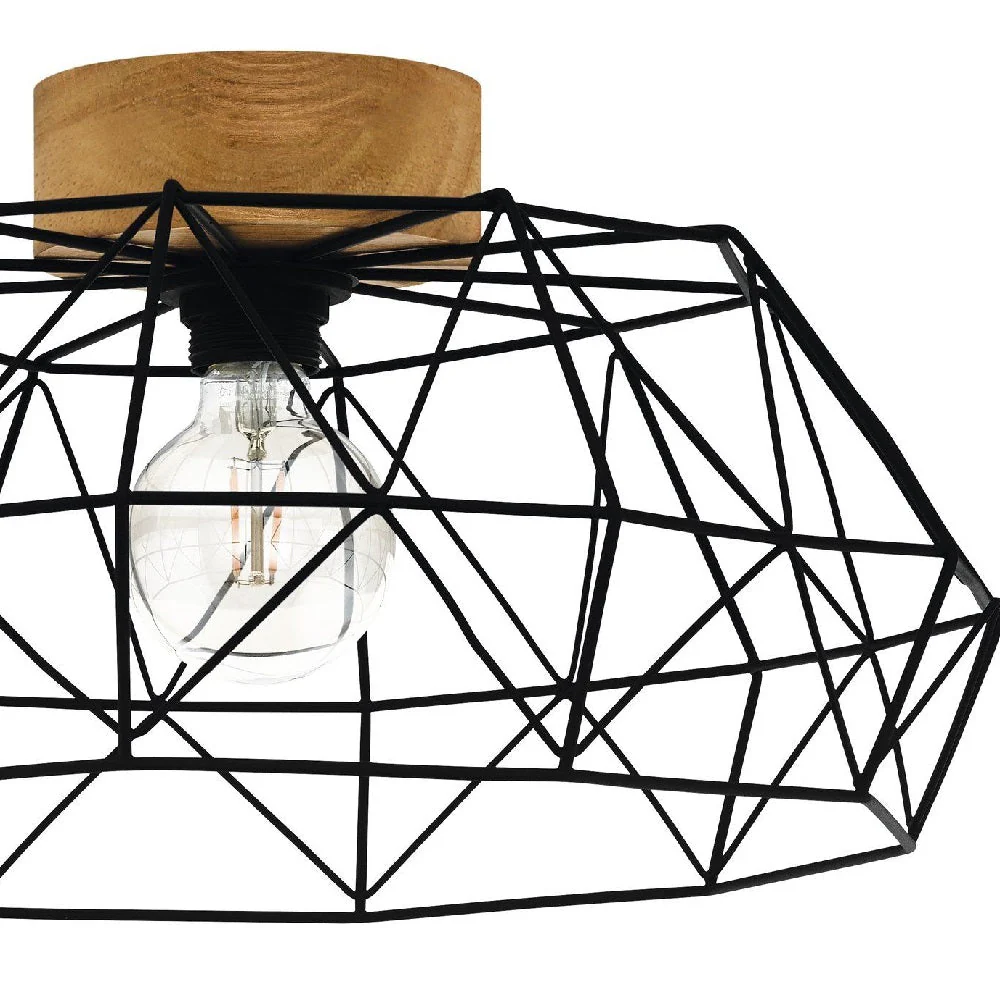 Britalia BR43363 Matt Black & Real Wood Vintage Metal Bird Cage Dome Flush Ceiling Light 46cm - Image 3
