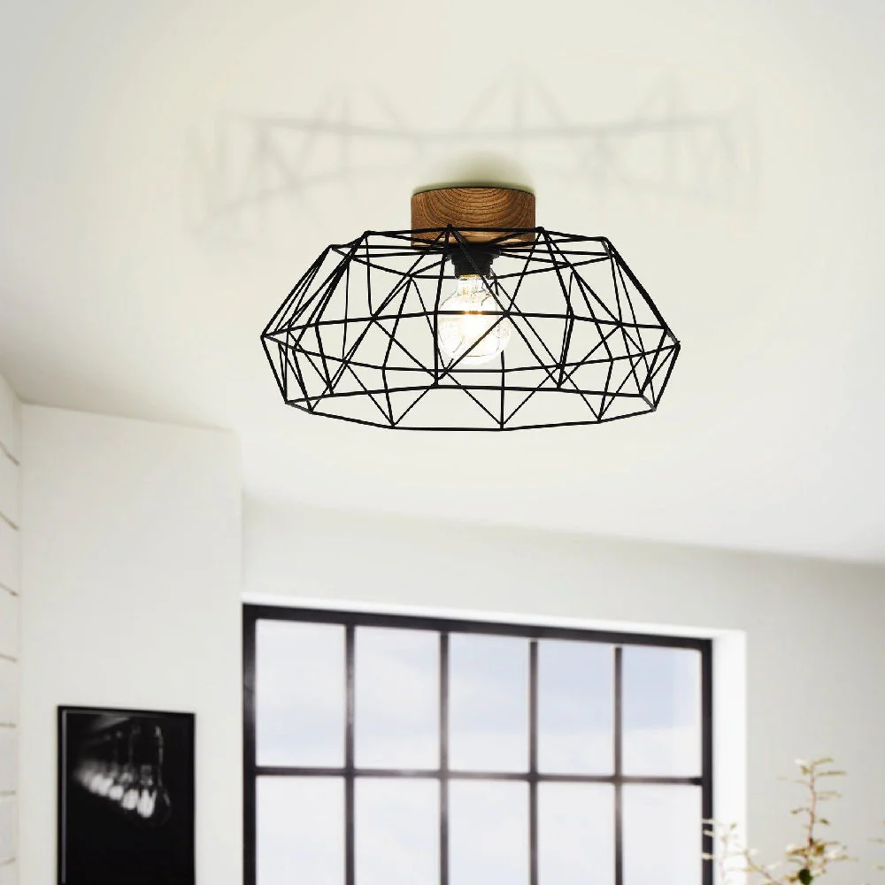 Britalia BR43363 Matt Black & Real Wood Vintage Metal Bird Cage Dome Flush Ceiling Light 46cm - Image 5