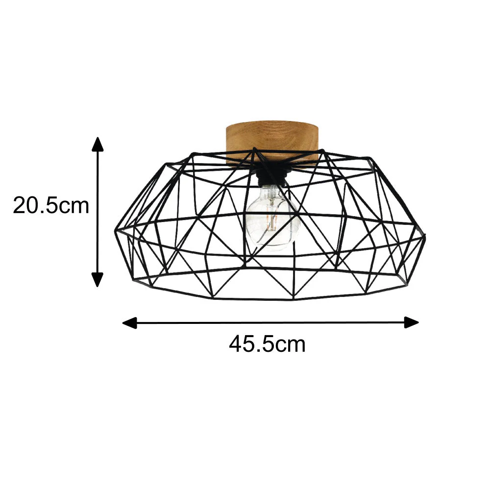 Britalia BR43363 Matt Black & Real Wood Vintage Metal Bird Cage Dome Flush Ceiling Light 46cm - Image 6