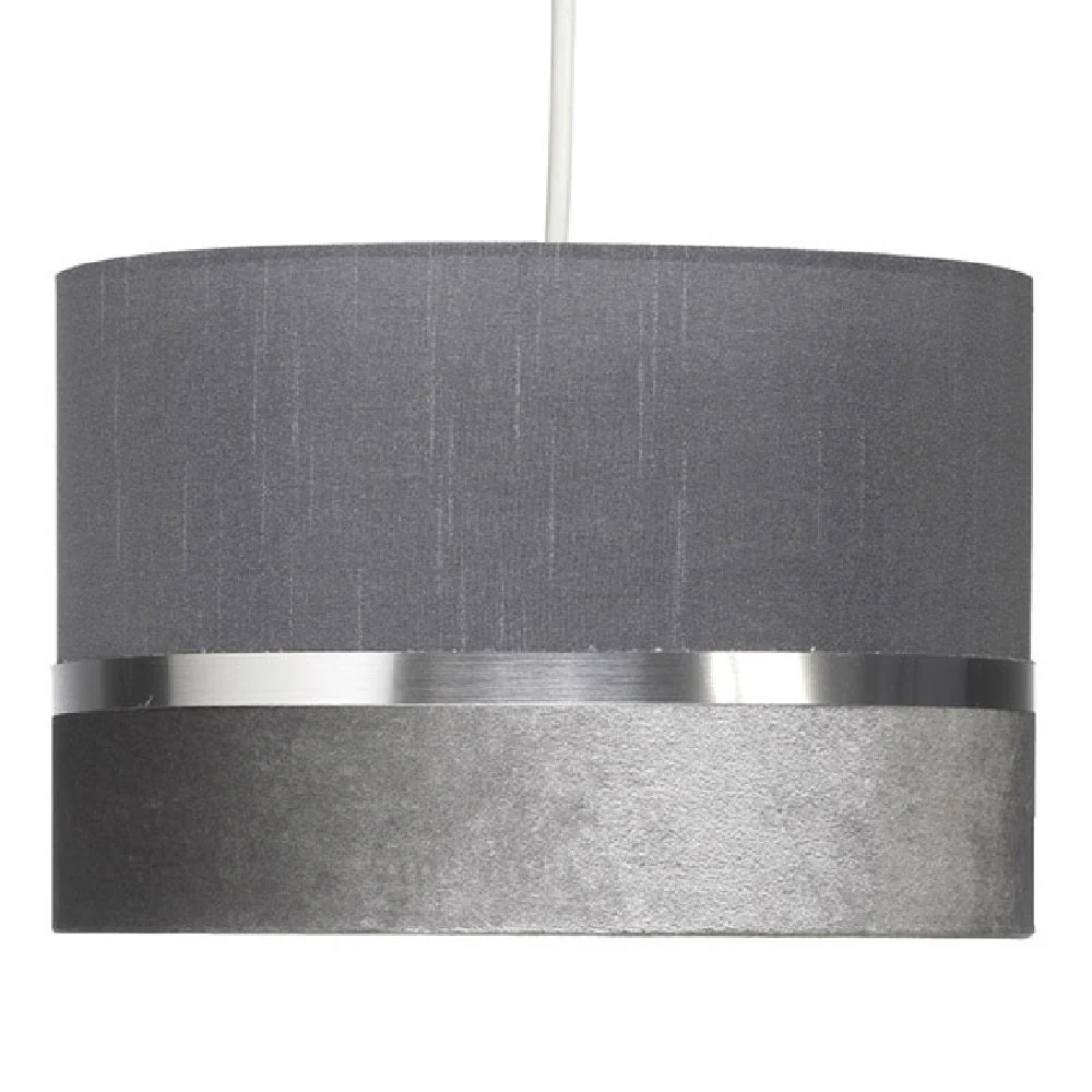 Britalia BR452/12 SG Soft Grey Velvet & Fabric Drum Pendant Shade with Silver Metallic Band 30cm