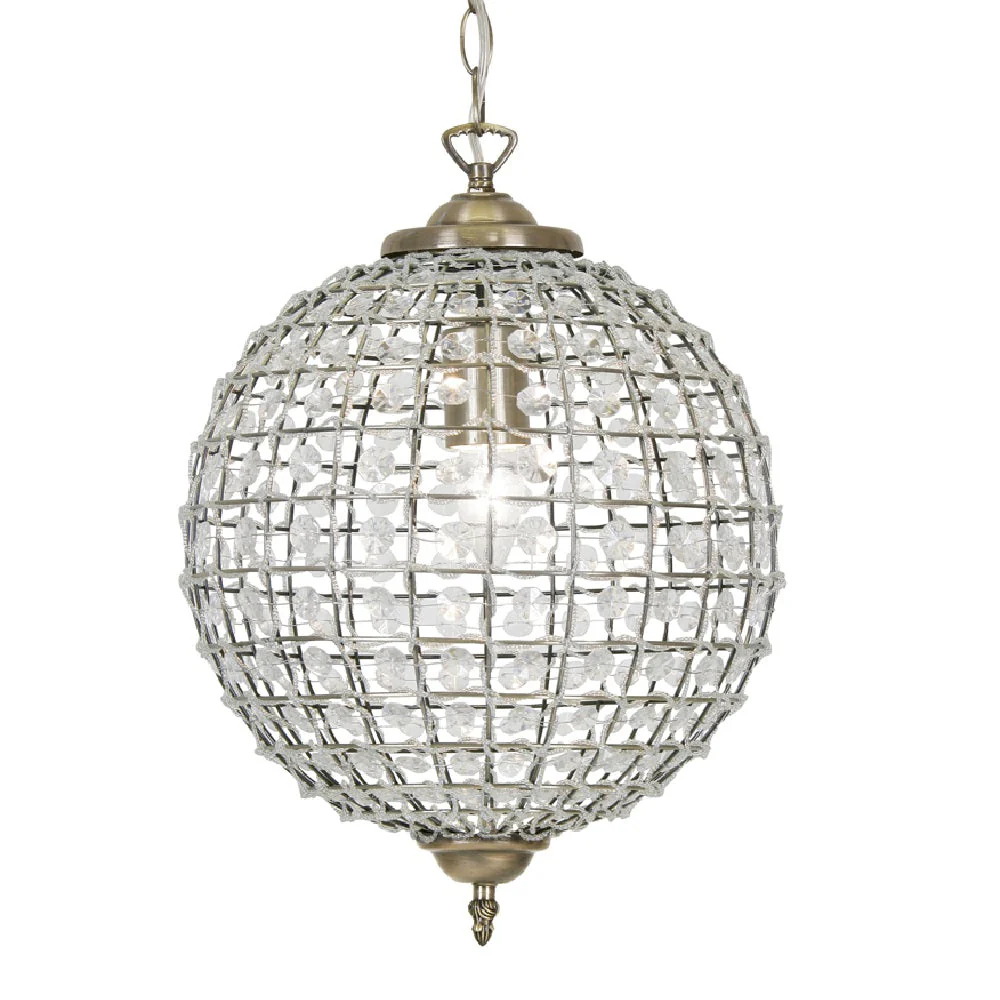 Britalia BR4530/30 AB Antique Brass & Faceted Crystal Vintage Round Globe Pendant 30cm