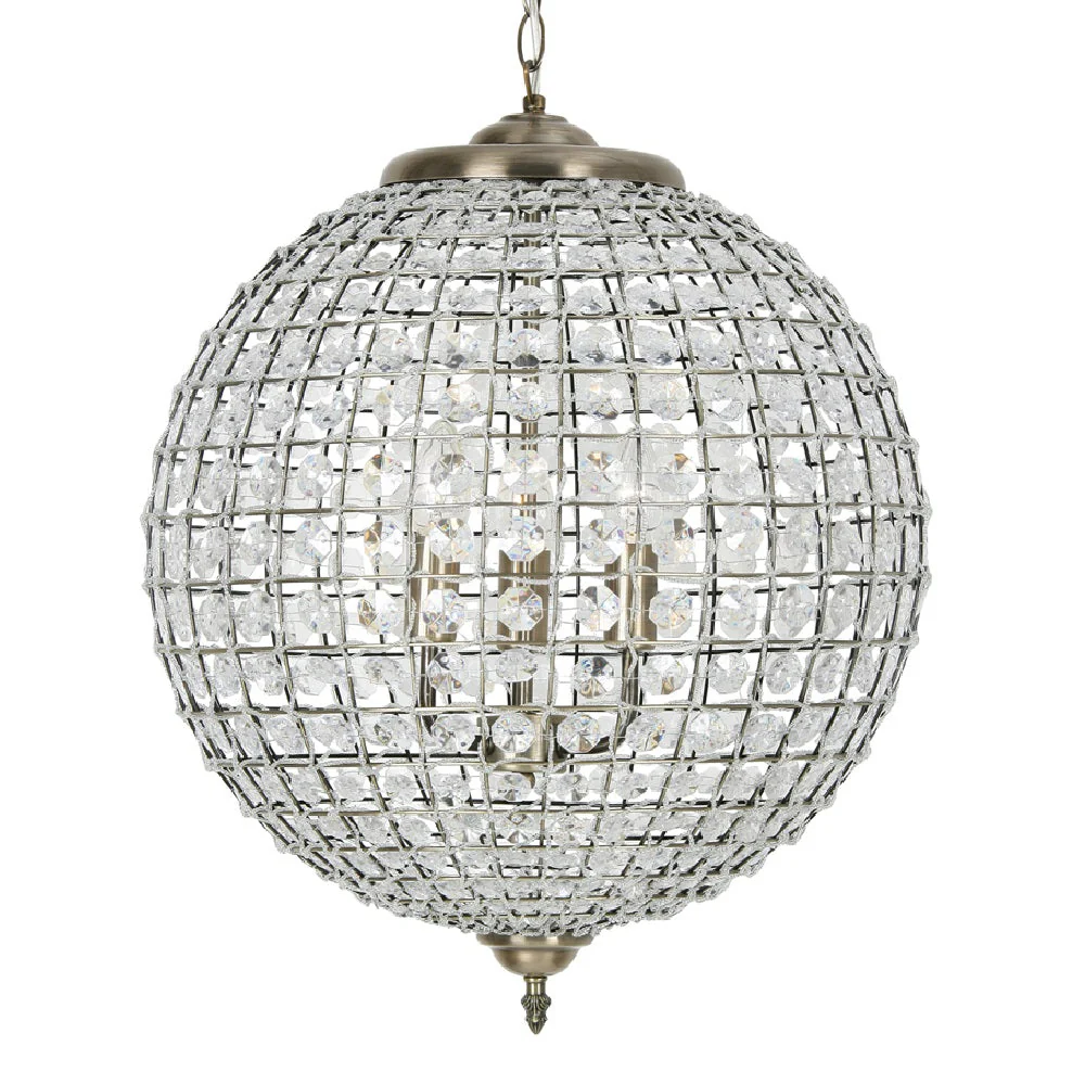 Britalia BR4530/45 AB Antique Brass & Faceted Crystal Vintage Round Globe Pendant 45cm