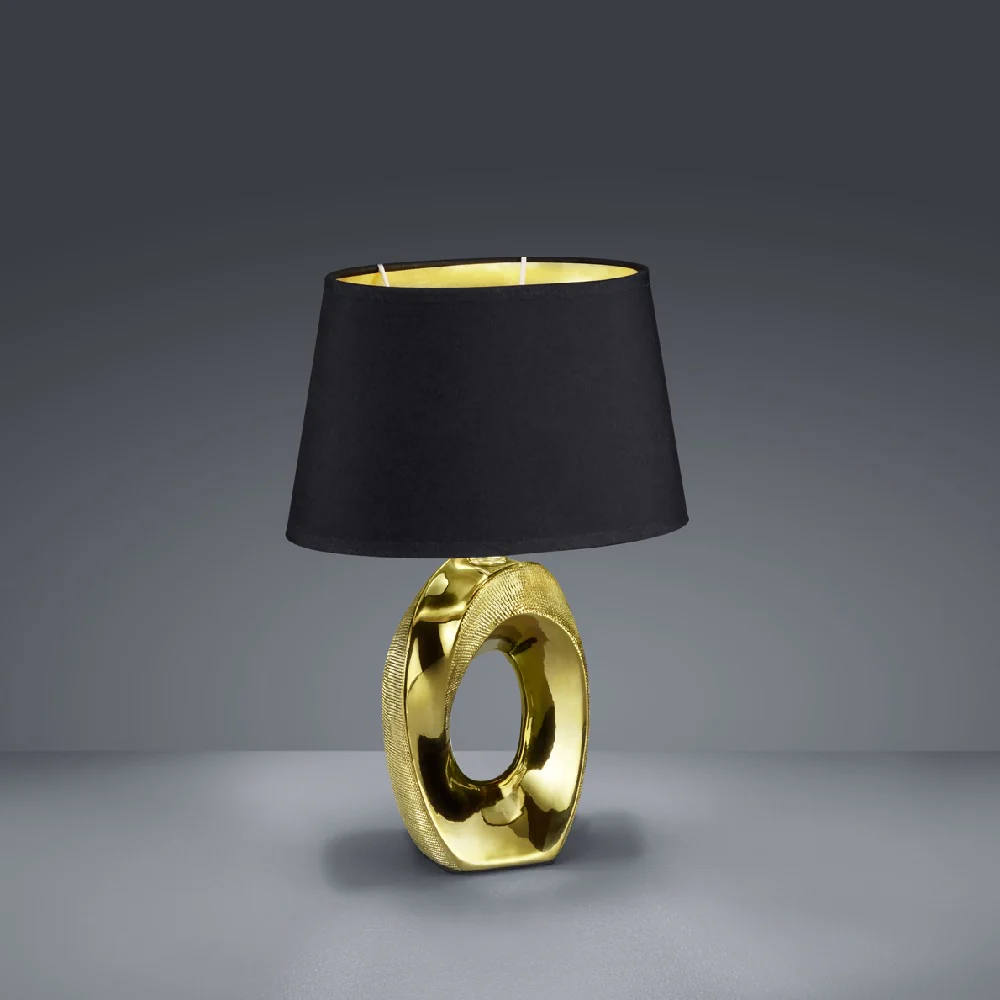 Gold Modern Table Lamp with Black Cotton Shade with Gold Inner 33cm - Image 2